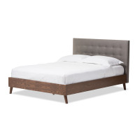 Baxton Studio BBT6557-Queen-Grey Alinia Mid-century Retro Grey Fabric Walnut Wood Queen Size Platform Bed